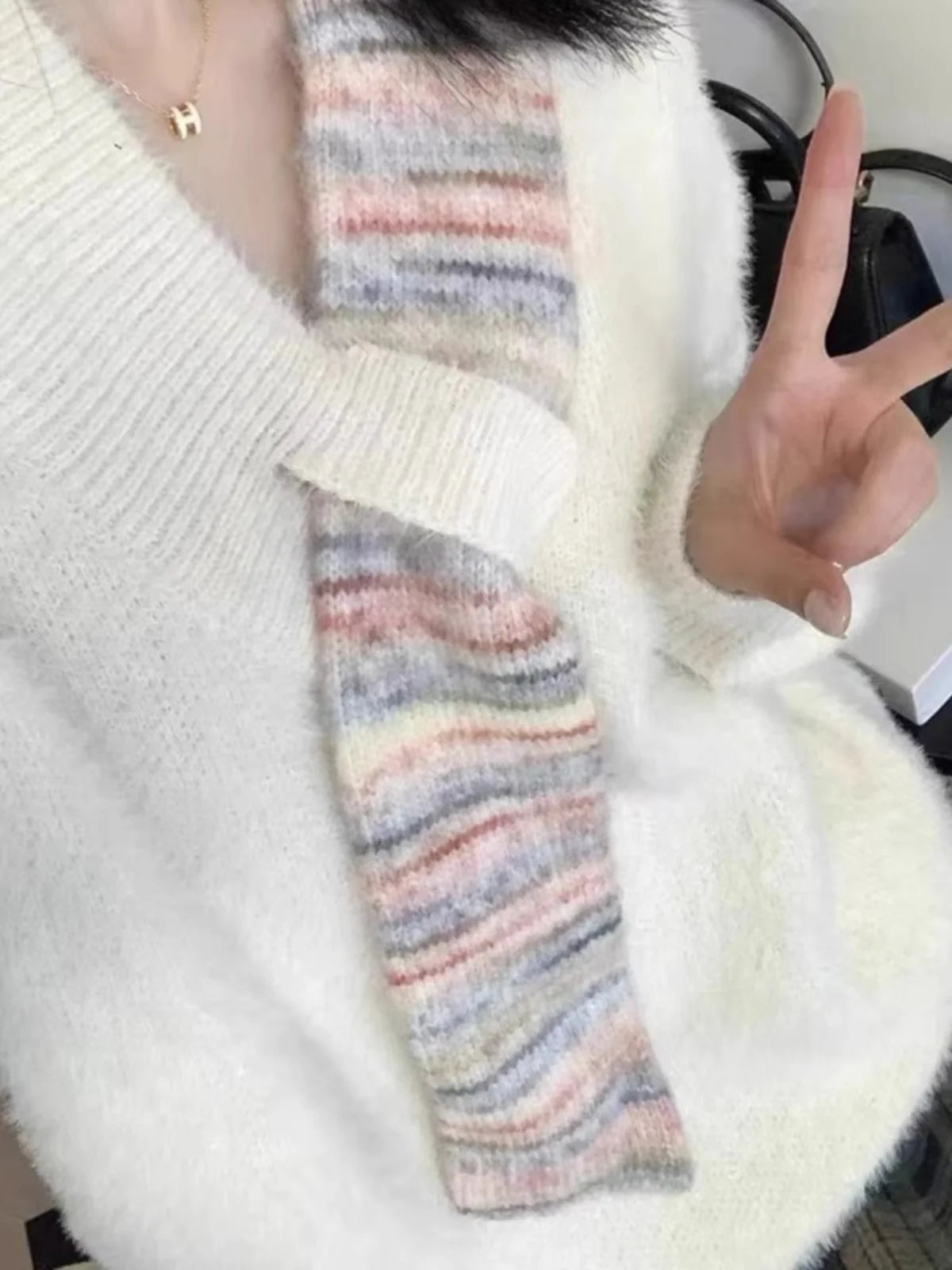 Maxy Style Pullover Sweater Casual Scarf Patchwork Knitted Sweaters Women Autumn Winter Imitating Mink V-neck Pull Femme