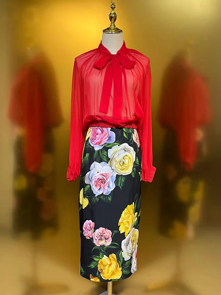 Maxy spring women's new chiffon silk straight shirt two-piece set + high-waisted printed silk wrap hip skirt fashion set