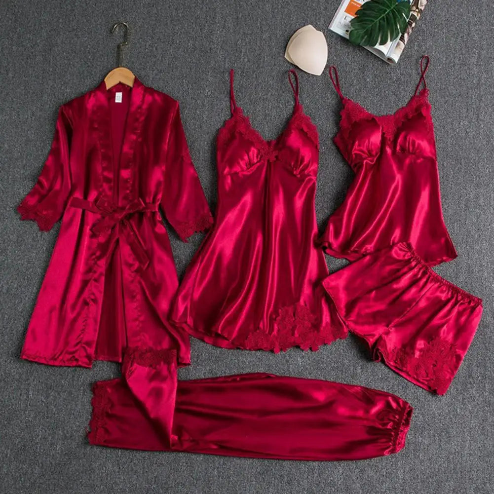 Silk Pajama Set Elegant Satin Lace Pajama Set with Lace-up Waist 5-piece Women's Nightwear Set Silky Nightgown with Top Shorts