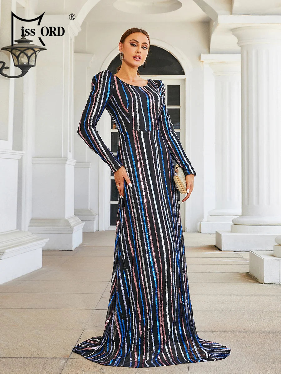 Missord 2024 New Round Neck Long Sleeved Striped Sequin Evening Wedding Birthday Party Maxi Dress