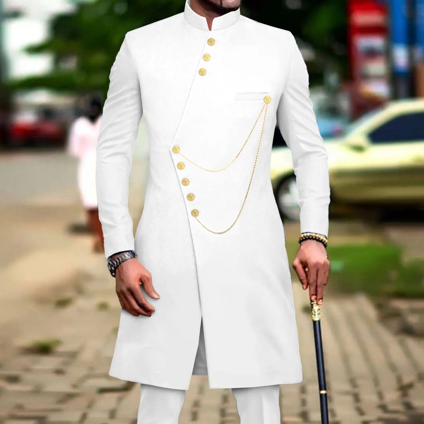 Maxy Men`s Suit African Clothes Dashiki Single Breasted Long Jackets and Pants 2 Piece Set Slim Fit Formal Outfits Coats A2316014