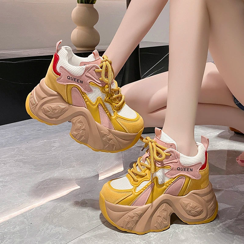 Maxy Spring Autumn High Top Leather Casual Shoes Comfy Breathable Mesh High Platform Shoes 10CM Wedge Heels Walking Chunky Sneakers