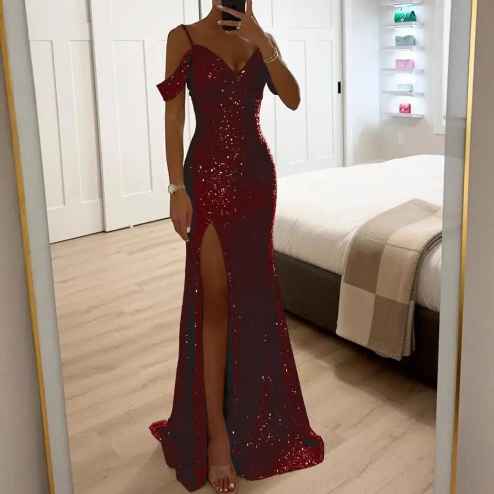 Amay V Neck Dress Elegant Sequin Ball Gown for Prom Wedding Parties Off Shoulder V Neck Maxi Dress with Side Slit Slim Fit Banquet