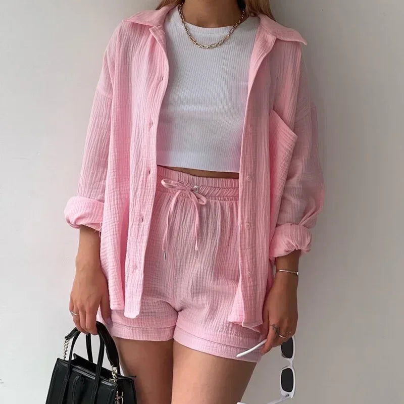 Maxy Summer Women's Suit Short Sets Outfits Muslin Suit For Women Two Piece Female Clothing Solid Button Outfits