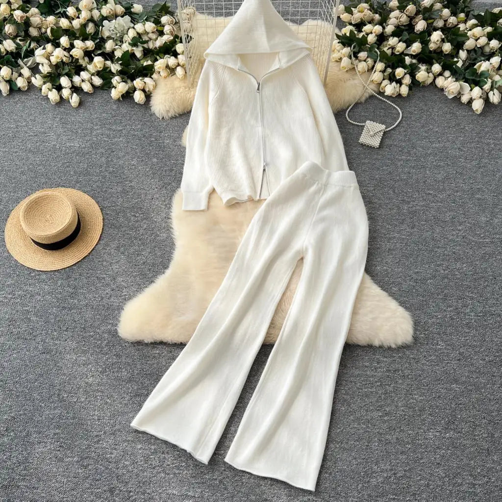 Amay Women 2 Piece Knitted Sweater Pantsuits Winter Fashion Korean Blouses Tops and Casual Pants Set Elegant Female Hoodies Outfits