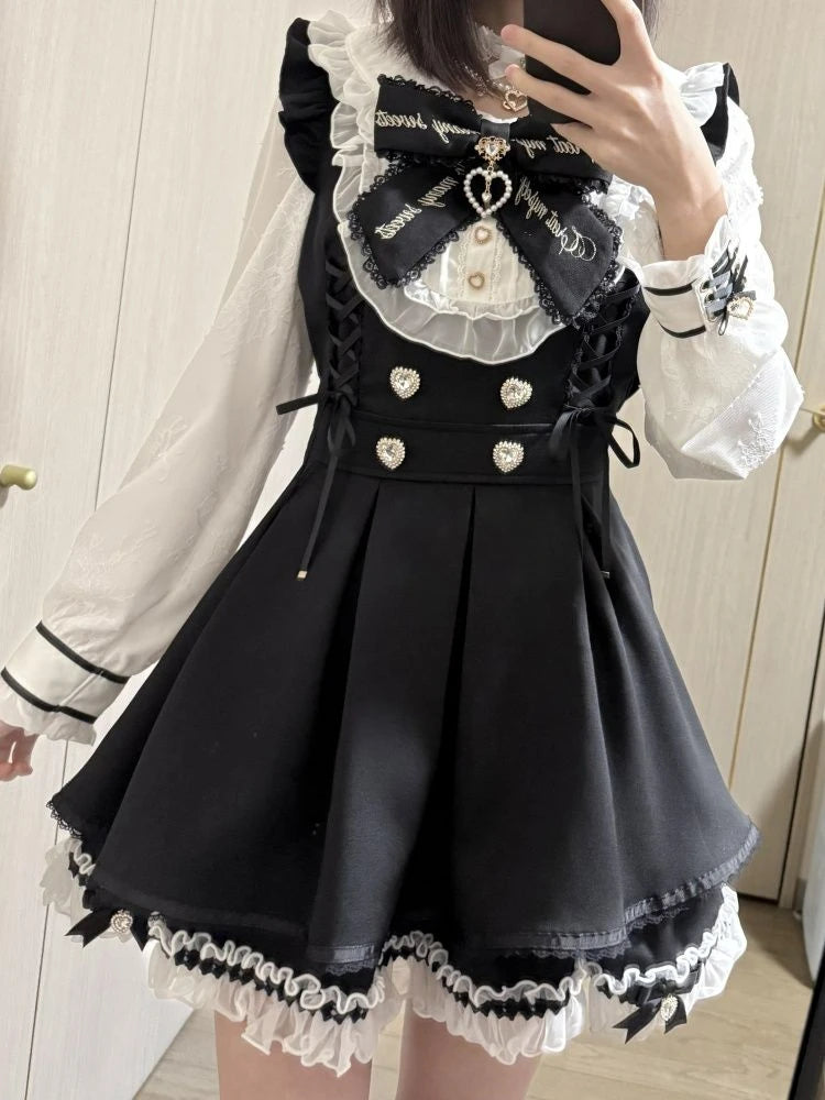 2025 Japanese Sweet Lolita Kawaii Dress Women Spring Printed Bow Fake Two Piece Dress Female Korea Style Design Party Clothing