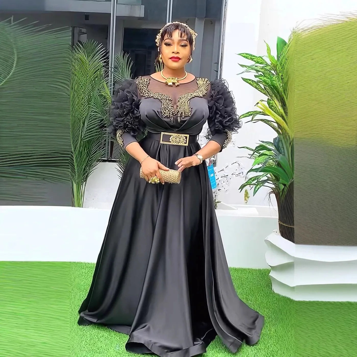 Amay Women Party Evening Dress Luxury Lace Sleeve High Waisted Plus Size Gown Ankara Wedding Outfits Muslim Sequin Maxy Dress