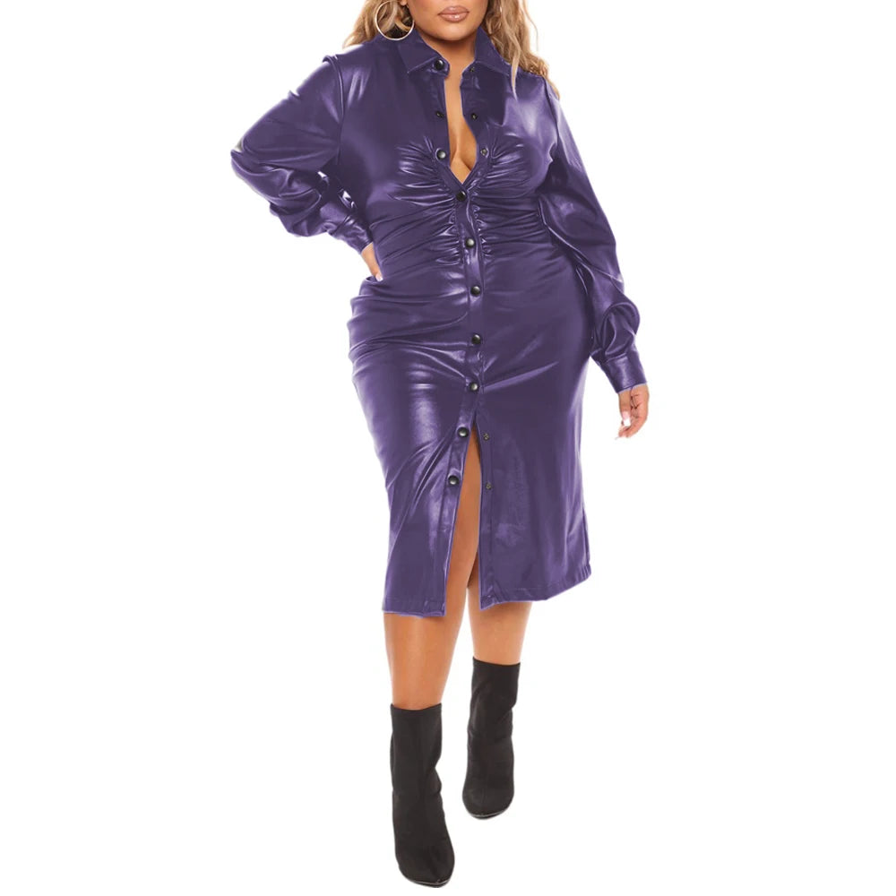 Maxy Plus Size Office Ladies Long Sleeved Dress Matte PU Leather Solid Color Lapel Button-Up Midi Dress Chic Elegant Women's Dresses