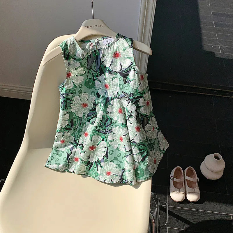 Maxy United States style girl dress summer new crew-neck sundress small and medium-sized children's dress floral style skirt