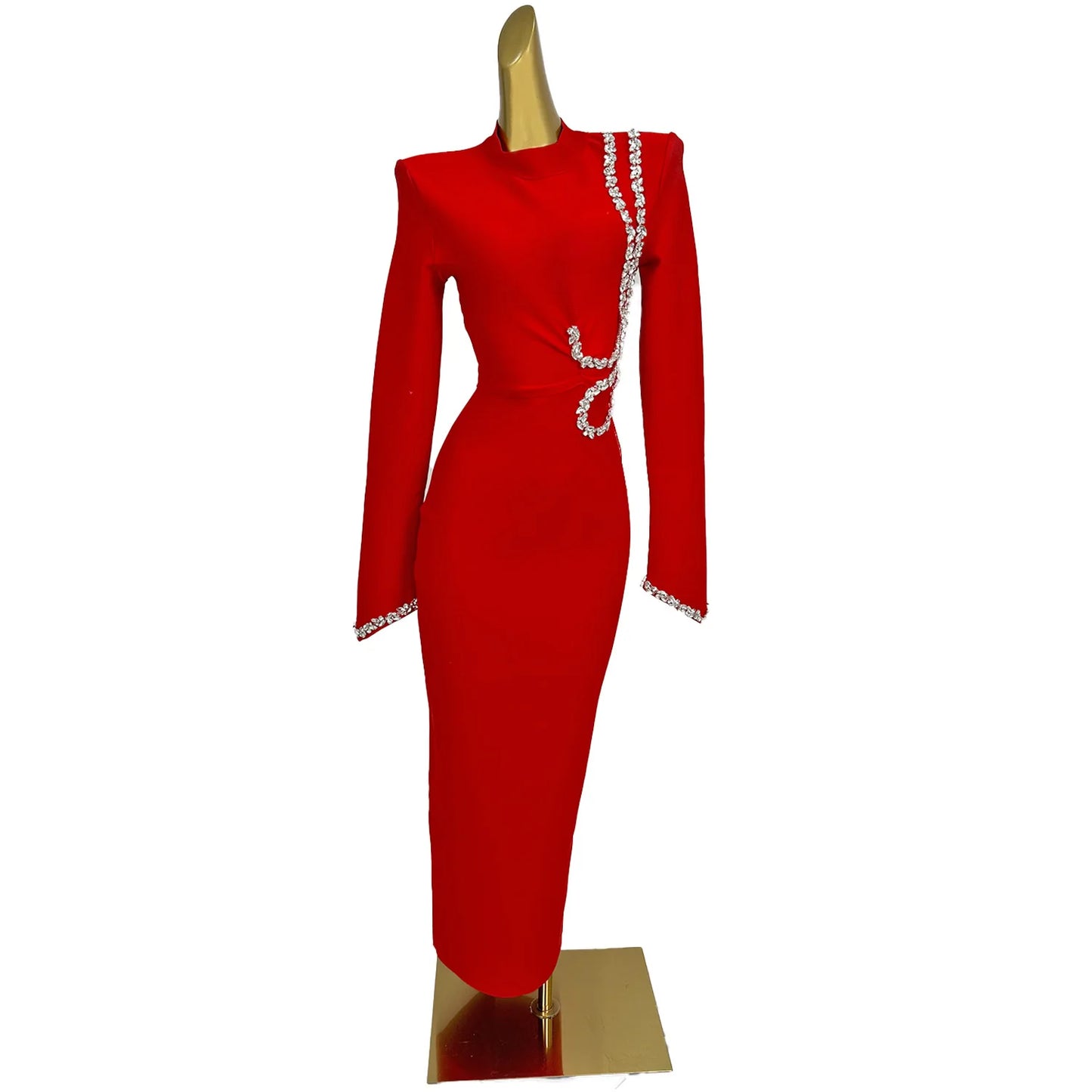 Maxy Woman Red Elegant Maxy Diamonds Dresses Fashion Long Sleeved Pleasted Bandage Dress Slim Fit Causal Office Lady Robe