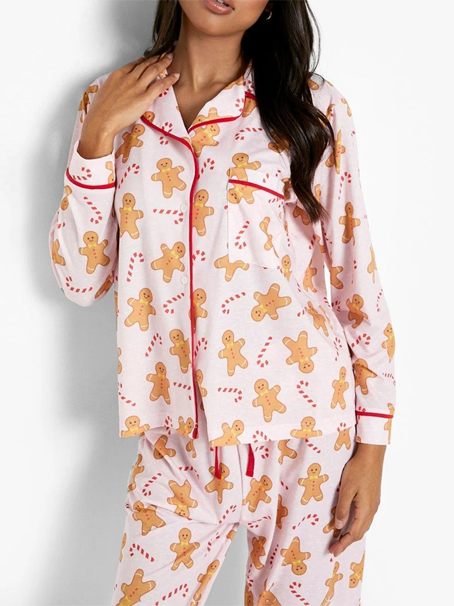 Womens Christmas Print Pajamas Set Long Sleeve Turn-down Collar Tops and Pants Loungewear Set