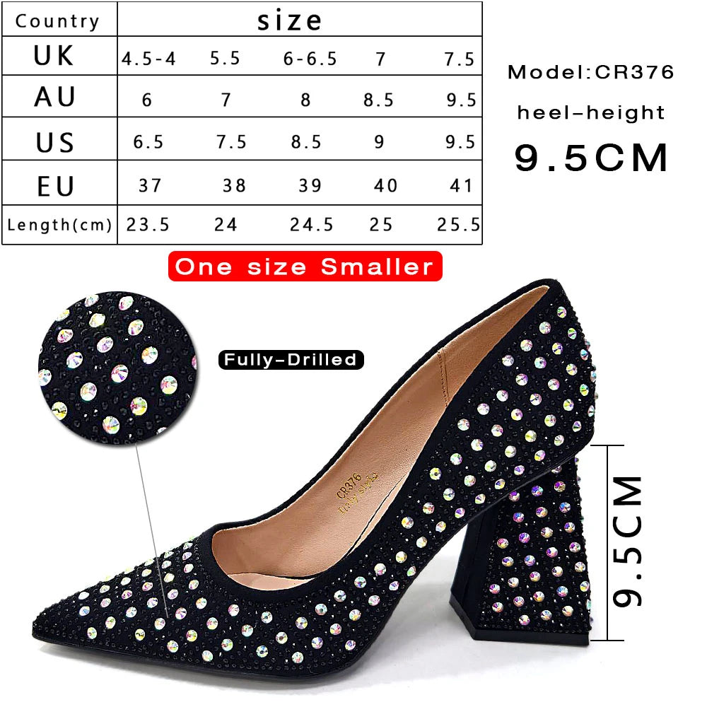 Maxy Venus Chan High Heels with Bag, Elegant Pointed Toe for Party, African Black Shiny Rhinestone Shoes Set of Italian 2024