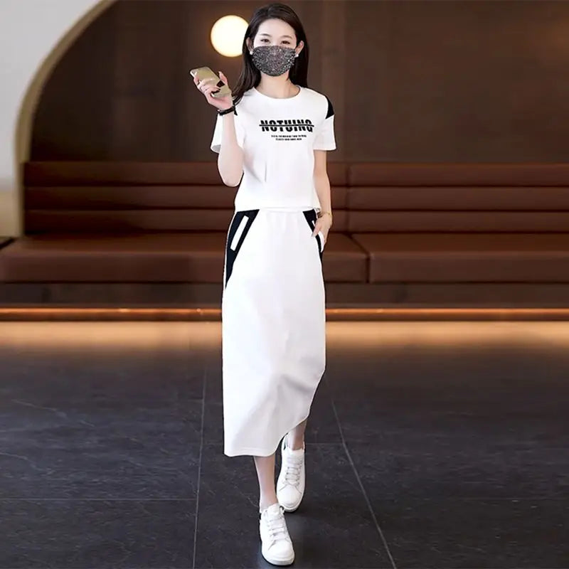 Maxy Skirt Short Sleeve 2 Pieces Sets for Women Kawaii Commuting Woman Outfit Gray Lightly Cooked Printing Midi Cotton Top and Bottom
