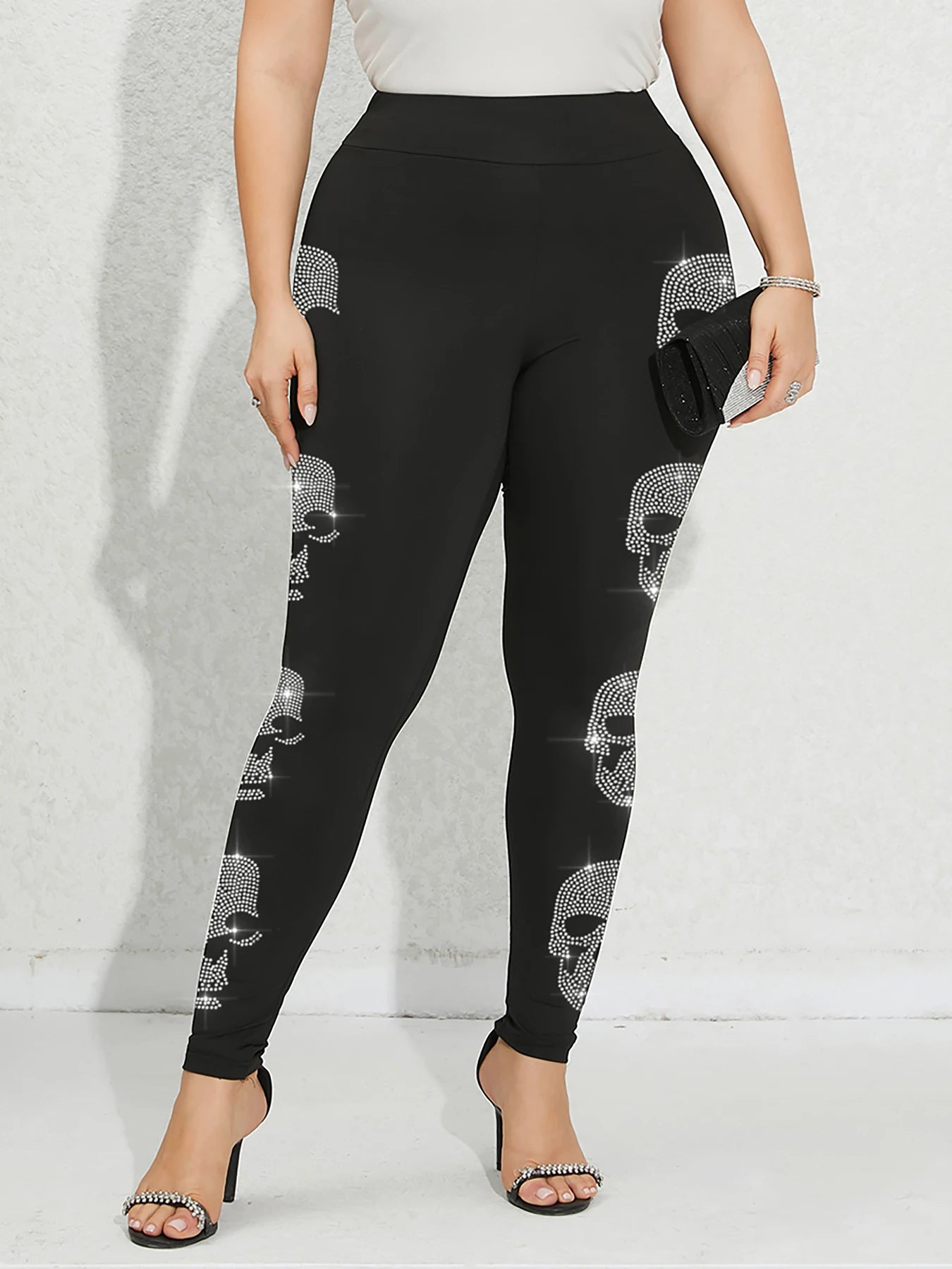 Maxy Plus Size Women's Pants Skeleton Pattern Rhinestone Leggings Gym Elasticity Sports Tights Casual Youthful Female Clothing Winter