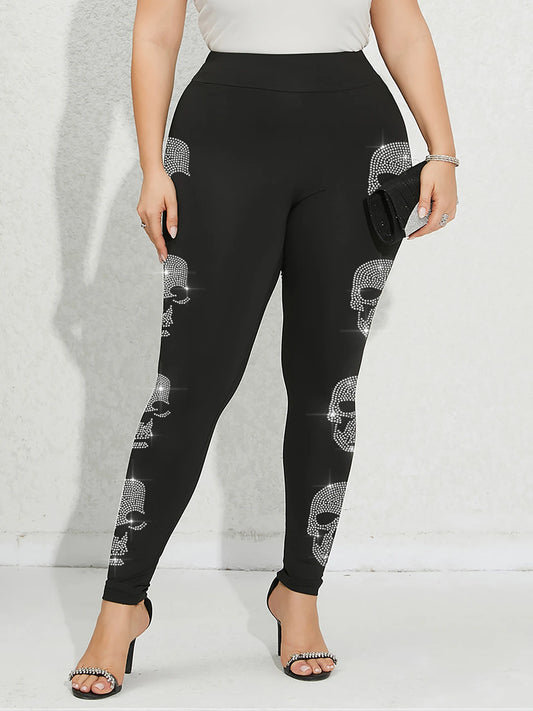 Maxy Plus Size Women's Pants Skeleton Pattern Rhinestone Leggings Gym Elasticity Sports Tights Casual Youthful Female Clothing Winter