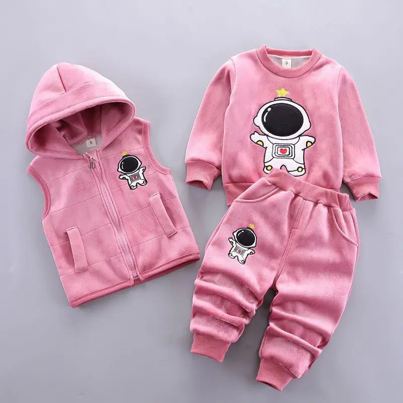 Maxy 2024 New Baby Boys Girls Christmas Cartoon Winter Hooded Plush Warm Vest Coat+Sweatshirt+Pants 3Pcs Infant Children Sports Suit