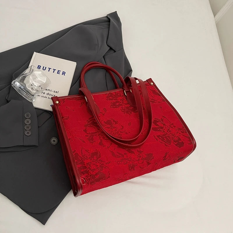 Maxy Red Love Heart Handbag For Women Large Capacity Cloth Travel Bag Fashion Hand Bag Retro Houndstooth Female Portable Tote Bag