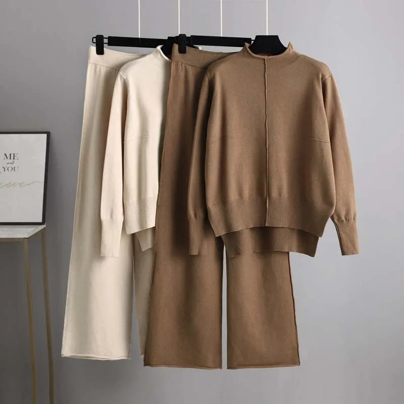 Maxy Winter Sweater for Women Tracksuit Half High Collar Knit Solid Color 2 Piece Set Knitted Pullover Sweater Elastic Trousers Suits