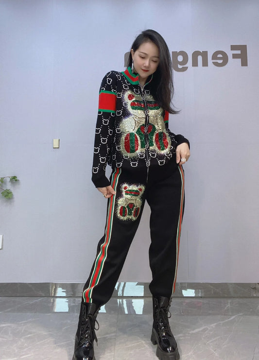 Maxy Fashion Bear Diamonds Side Stripe Pant Sets Women Autumn Tracksuit Zipper Sweater Loose Casual Two Piece Sets Womens Outifits