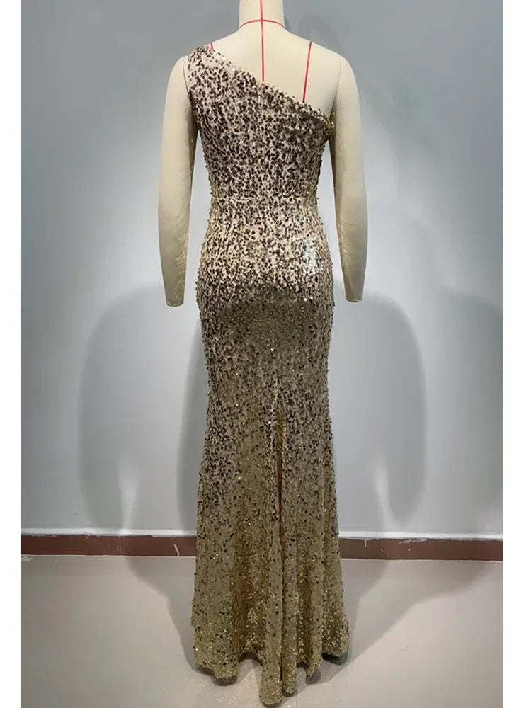 Maxy Ready Dress Women Luxury Gold Sequines Gilliter Sparky Green Leaf Embroidery SlimLong Birthday Celebrity Evening Gowns