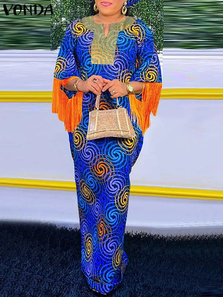Amay Plus Size 5XL VONDA Women Bohemian Maxy Dress Fashion Printed 3/4 Sleeve Sundress Casual V-Neck Loose Vintage dress