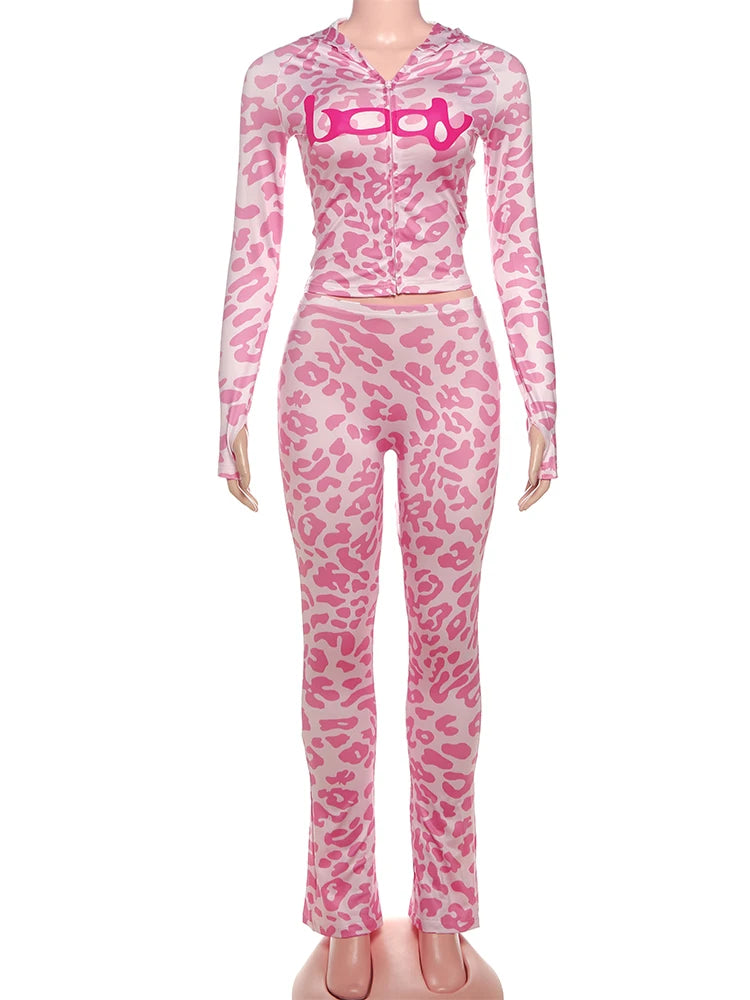 Maxy Weird Puss Leopard Print 2 Piece Set Women Tracksuit Letter Zip Hooded Crop Jacke+Leggings Matching Casual Sporty Street Outfits