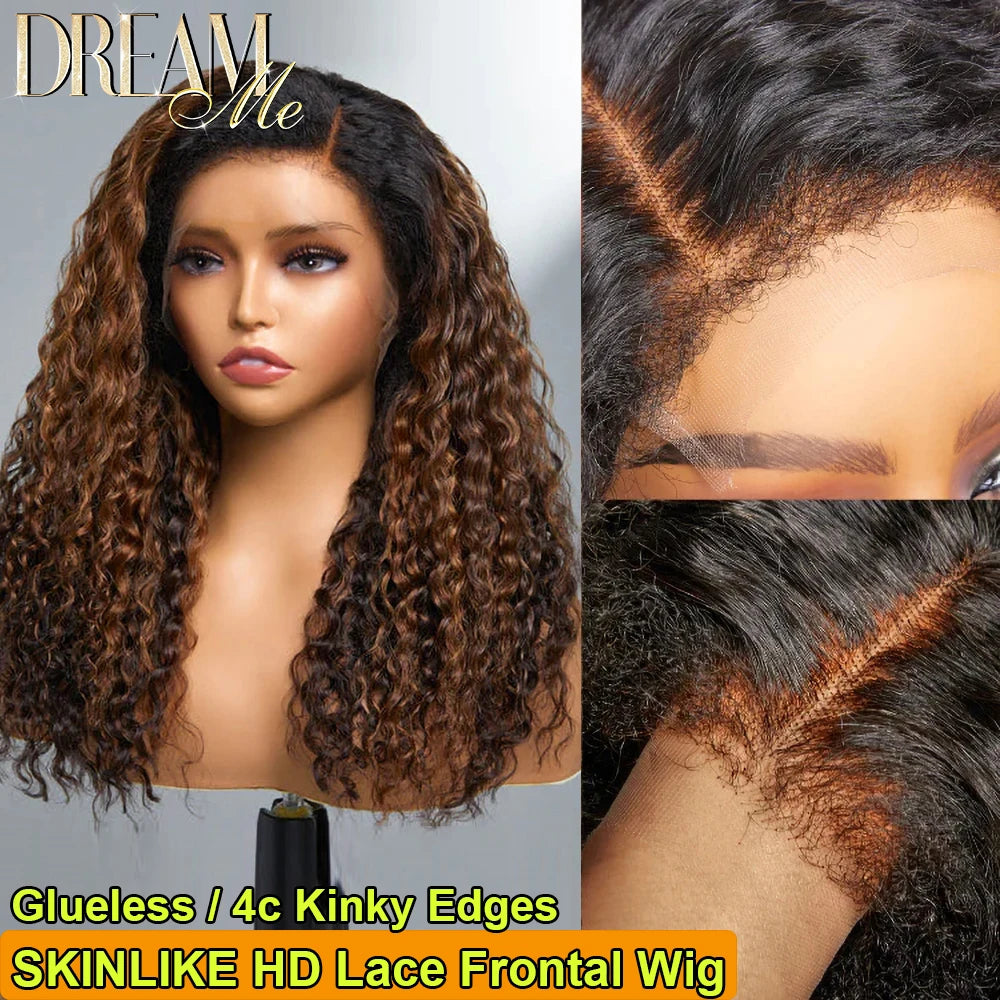 Maxy 4c Kinky Edges Human Hair Wigs Melt Skin HD Lace 5x5 Glueless Wigs Curly Highlight Ombre Color 13x4/13x6 HD Lace Frontal Wig