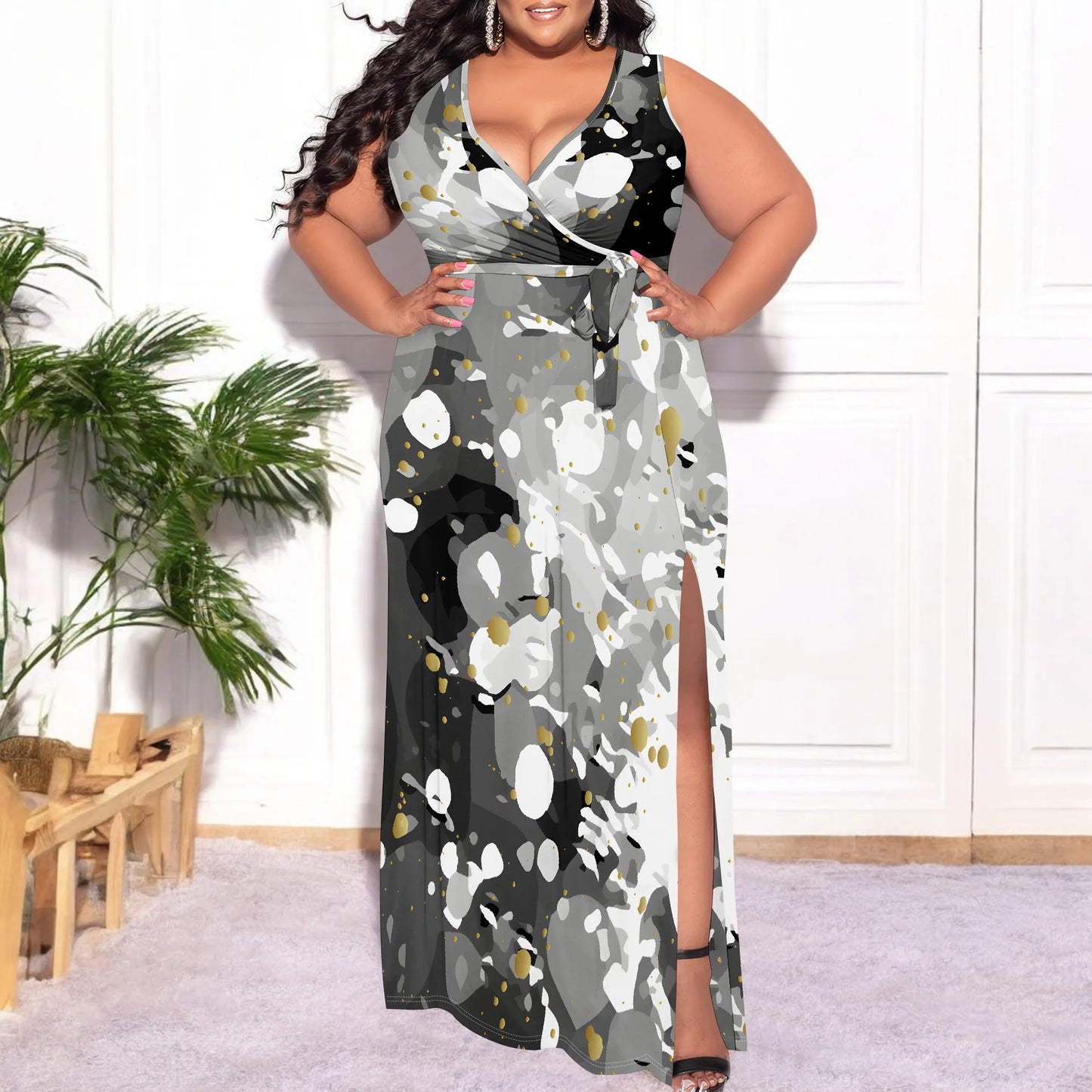 Maxy Plus Size Women's Sexy Casual Dresses for Curvy Women 3D Printed halterneck V Neckline Short Sleeve Loose High Vent Maxy Dress