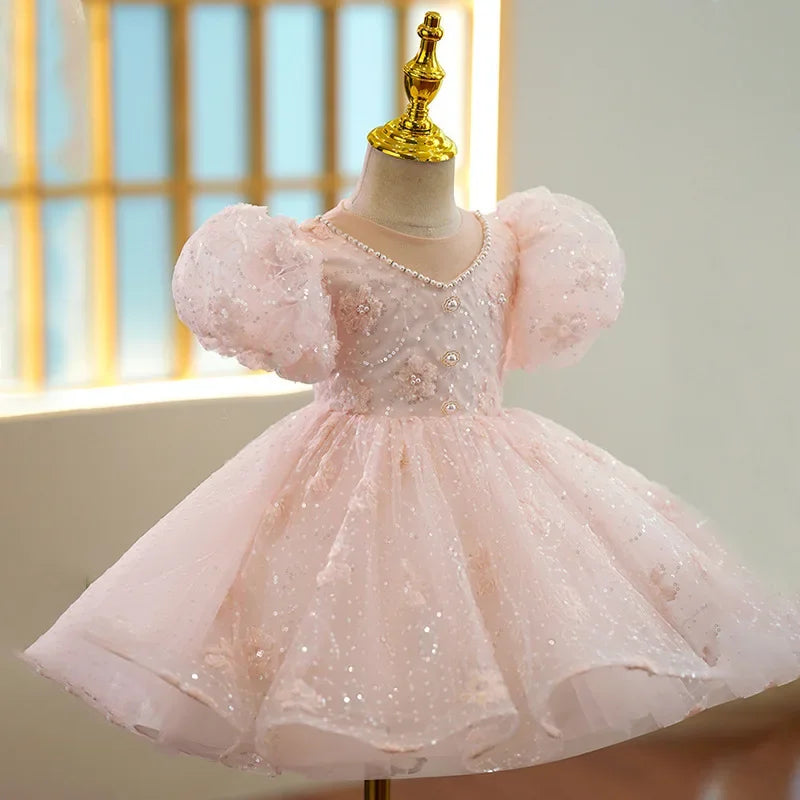 Maxy Bridesmaid Dresses for Kid Girls Children Princess Beading Sequined Ball Gowns Infant Pink Evening Dress Toddlers Vestidos