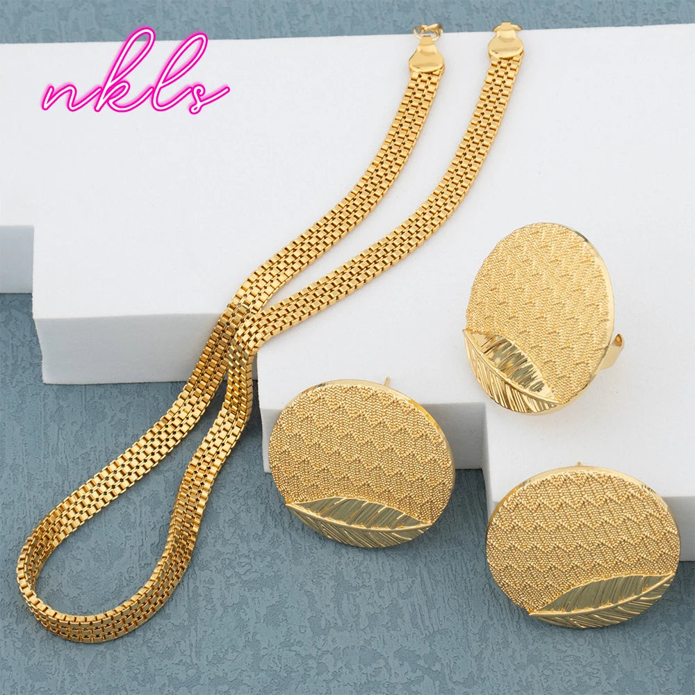 Maxy Necklace Dubai Fashion Trendy Earrings Set Simple Chain African Gold Color Earrings and Rings Set For Lady Wedding Jewellery