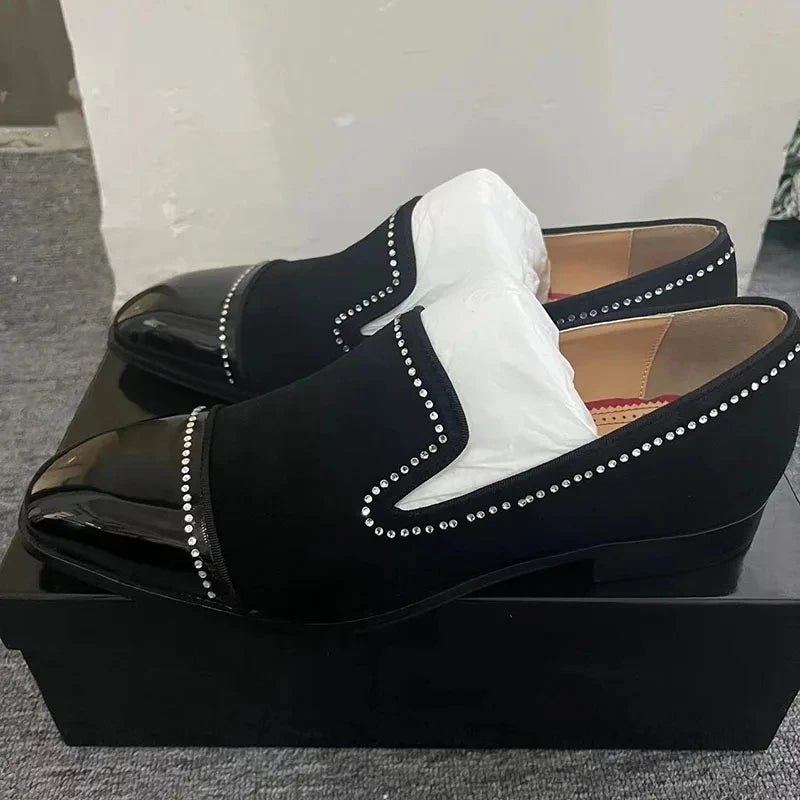 Visco Black Suede Rhinestone Wedding Shoes Man Pointed Toe Leather Patchwork Slip On Flats Male Sexy Party Shoes