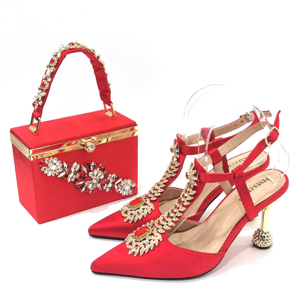 Maxy Newest Red Color Comfortable Streamlined Pointed Toe Women's Shoes Matching Big Crystal Handbag Party Women's Shoes And Bag Set