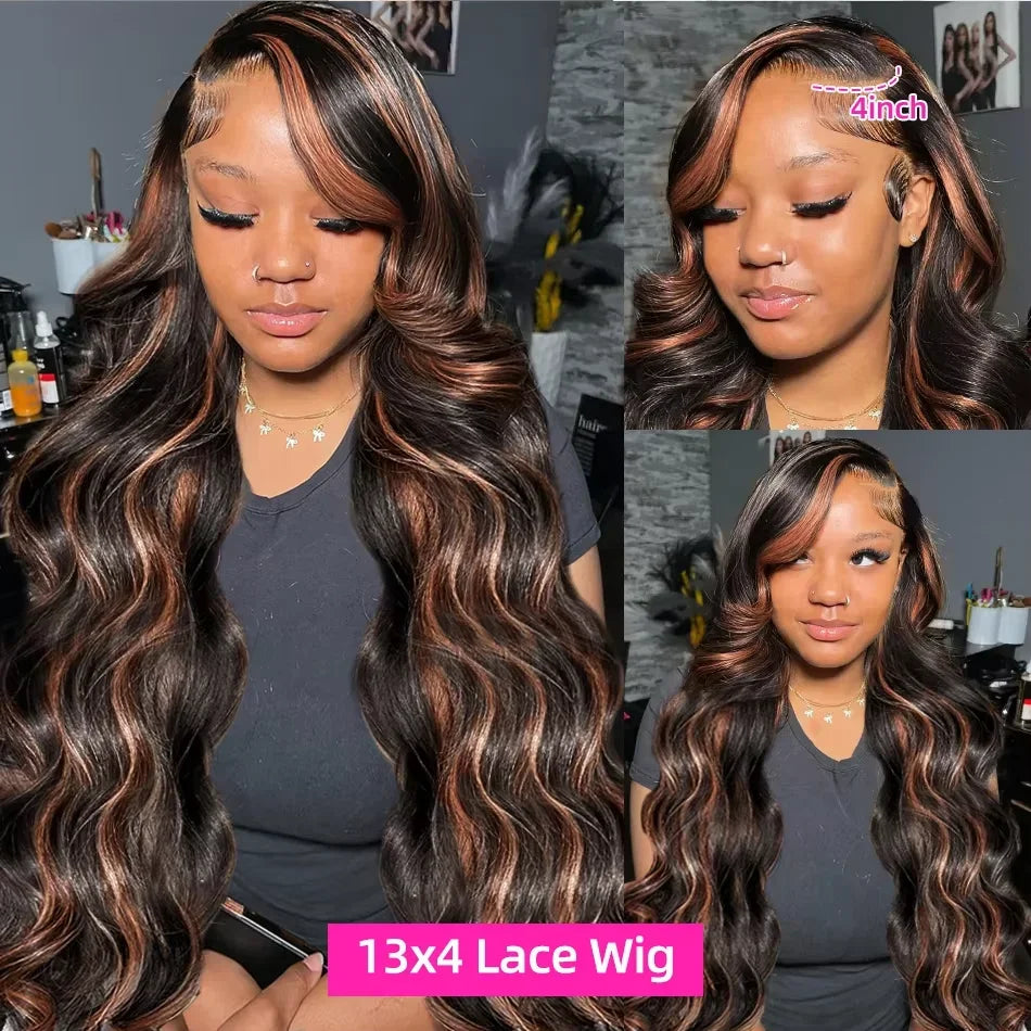 FB/30 Highlight Colored 13X4 13x6 HD Transparent Full Lace Frontal Wigs 200 Density Body Wave Human Hair Wigs For Women  46 Inch
