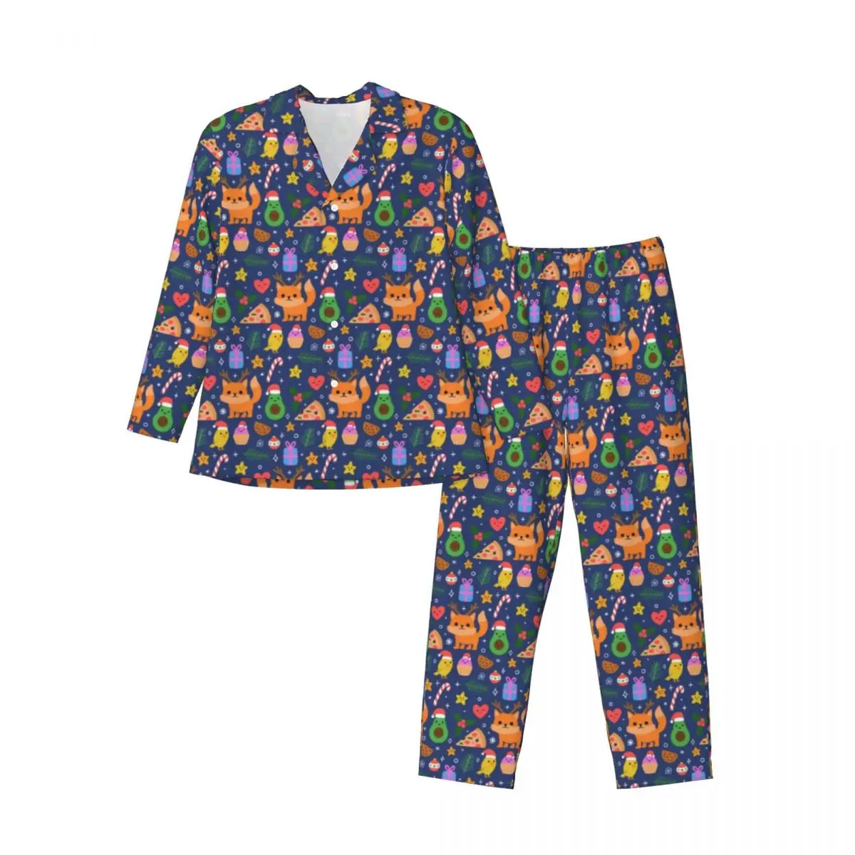 Maxy Cute Fox Print Pajama Sets Funny Christmas Kawaii Sleepwear Man Long Sleeve Loose Leisure 2 Pieces Nightwear Big Size XL 2XL