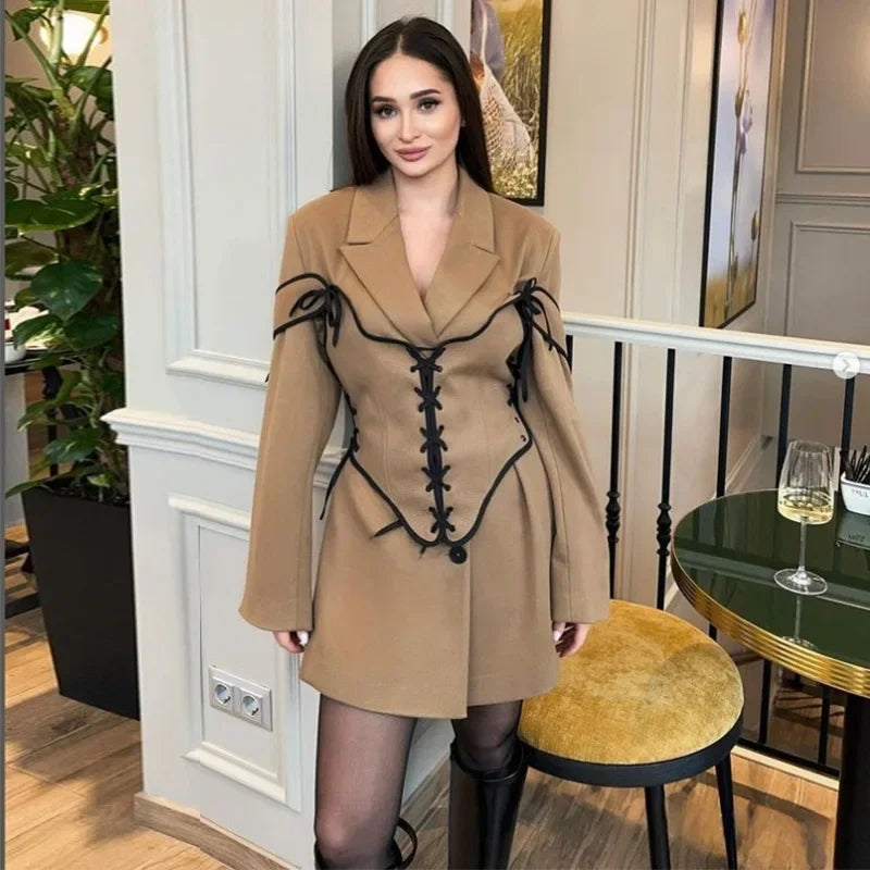 Maxy Two Piece Sets Dress Set Women Coats Dresses Mid Length Coat Notched Full Sleeve Corset Elegant Splice A Line Slim Fit Autumn