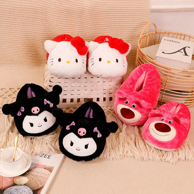 Maxy Cartoon Sanrioed Kuromi Hello Kitty Y2K Plush Slippers Women Melody Cinnamoroll Anime Kawaii Winter Home Cotton Shoes Soft Girl