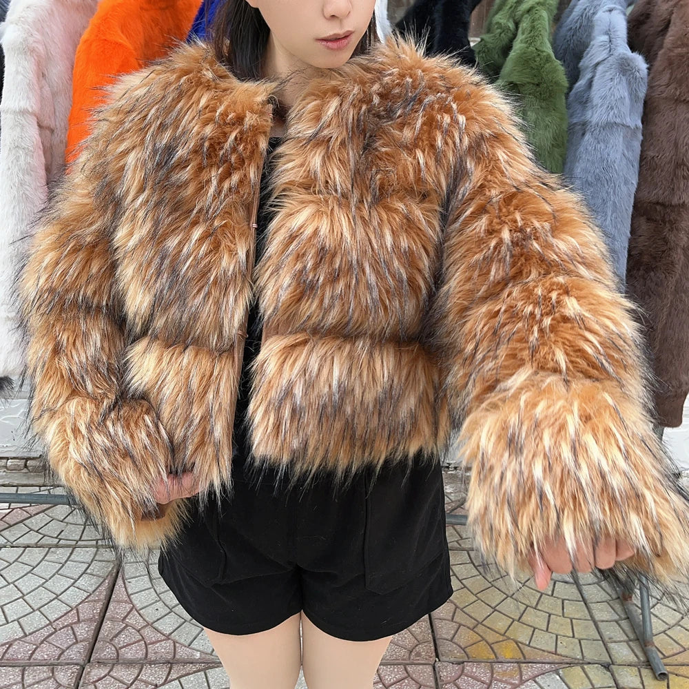 Maxy Faux Fur Coat Women's Jacket Winter Fashion Warm Thick Fox Raccoon Leather Brown Plus Size Especially Fake Fur Cold Coat