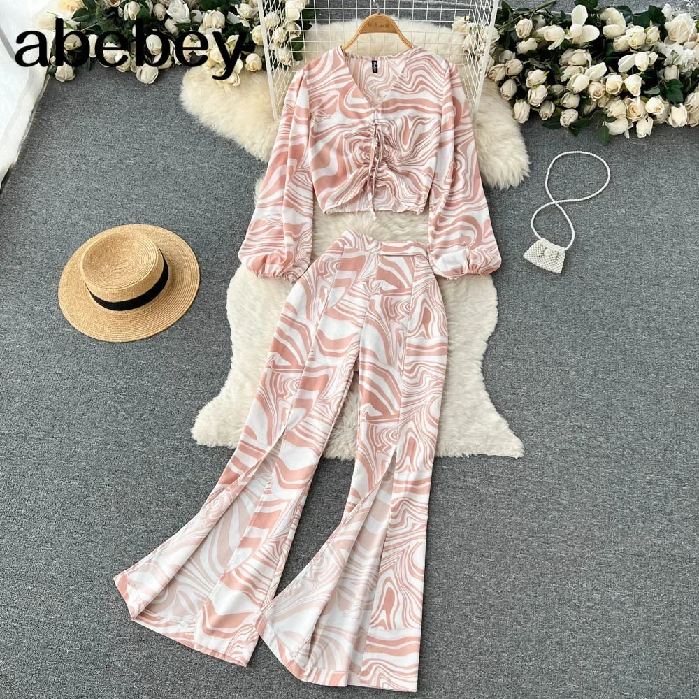 Maxy Summer Women Floral Printed Two Piece Set Sexy V Neck Lantern Sleeve Short Tops + Wide Leg Pants Suit Vacation Beach New