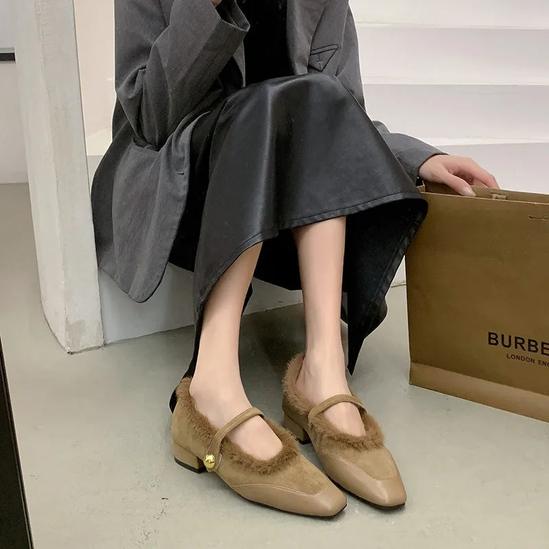 Amay Korean Shoes Loafers Fur Square Toe Autumn New Winter Fall Mary Janes Hook & Loop Fashion Women Shoes Autumn Loafers Fur Mo