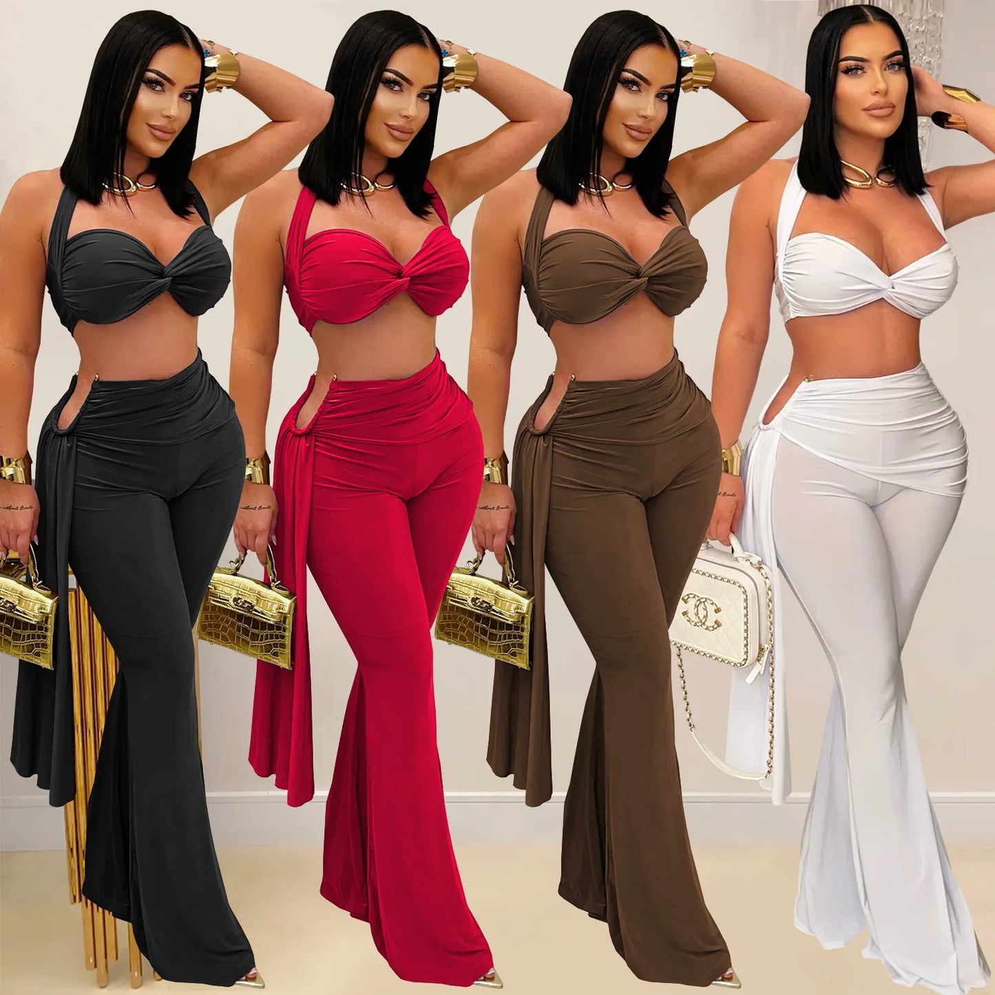 Maxy Sexy Halter Bikini Tops 2 Piece Pant Set Outfits Y2K Streetwear Women Flare Pants Tracksuit Elegant Bandage Tops Two Piece Sets