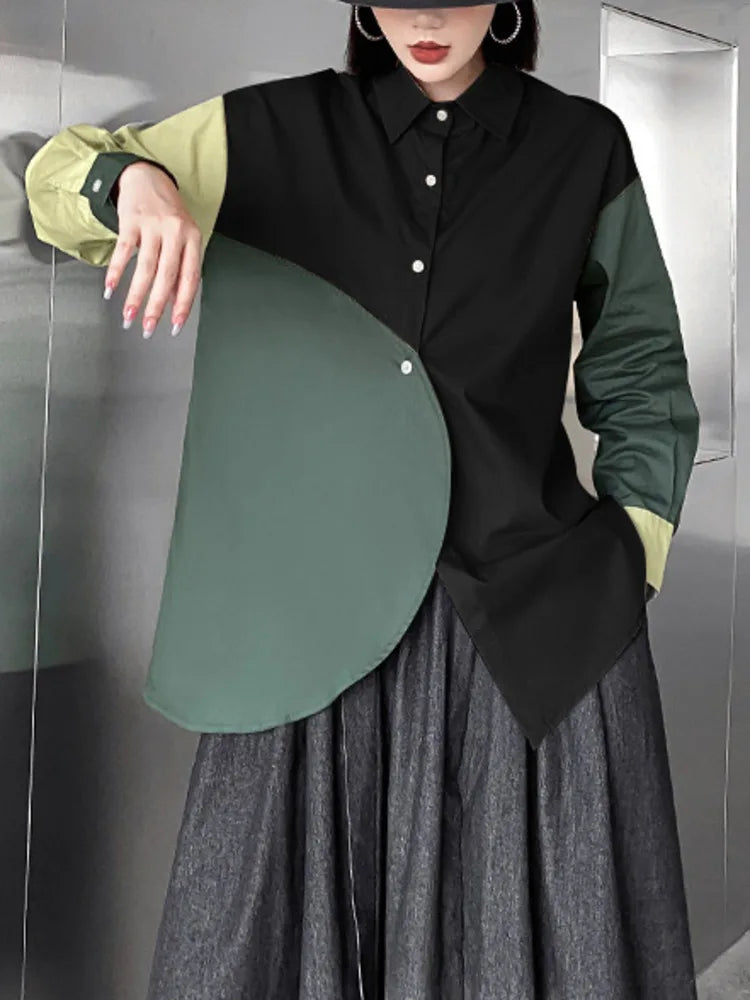 Maxy Fashion Contrast Color Long Styles Shirt Women's O Neck Loose Casual Pockets Versatile Clothing New 5ZD1048