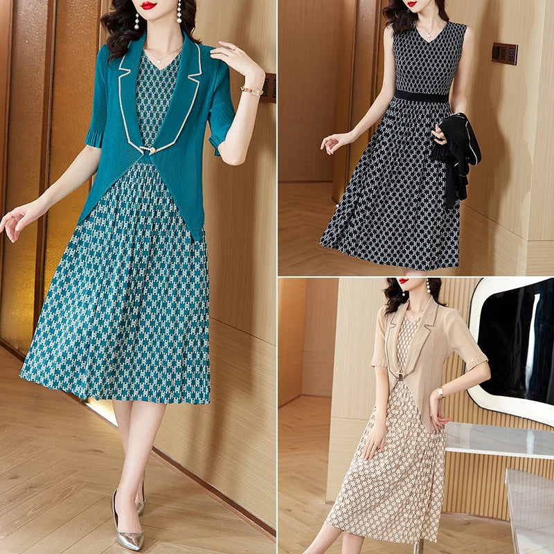 Maxy Pleated Dress Autumn New Style Plaid Suit Collar Pleated Skirt Waist Slimming Magic Skirt Set Maxy Dress for Women