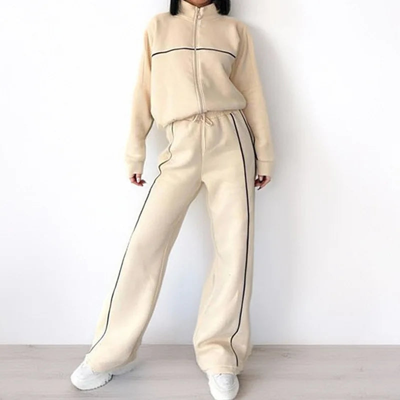 Women Set Autumn Winter Fashion Stripe Crop Hoodie Sweatshirt And Pants Set Casual Two-Piece Set Women Tracksuit Jogger Sets