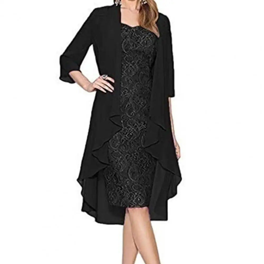 Maxy Formal Dress Set Women Outfit Elegant Flower Pattern Lace Vintage Two Pieces Set Women Knitted Cardigan Dress Banquet