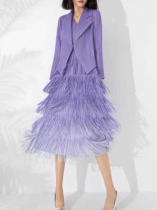 Maxy Boutique MIYAKE Pleated Style Set Large Gradient Color Overlay with Tassel Dress and Suit Small Coat Two Pieces [20230416]