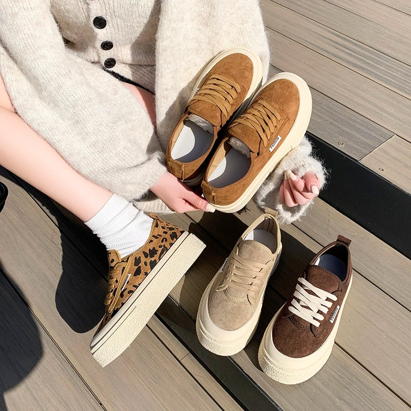 Maxy Soft Suede Leather Casual Shoes Women Sneakers Clogs Platform All-Match Spring Round Toe Cross-tied Frosted Flats Shoes Women