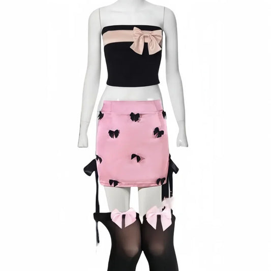 Maxy HLJ&GG Y2K Pink Fashion Bow Design Two Piece Sets For Women Sleeveless Backless Slim Tube + Mini Skirts Outfits Female Clothing