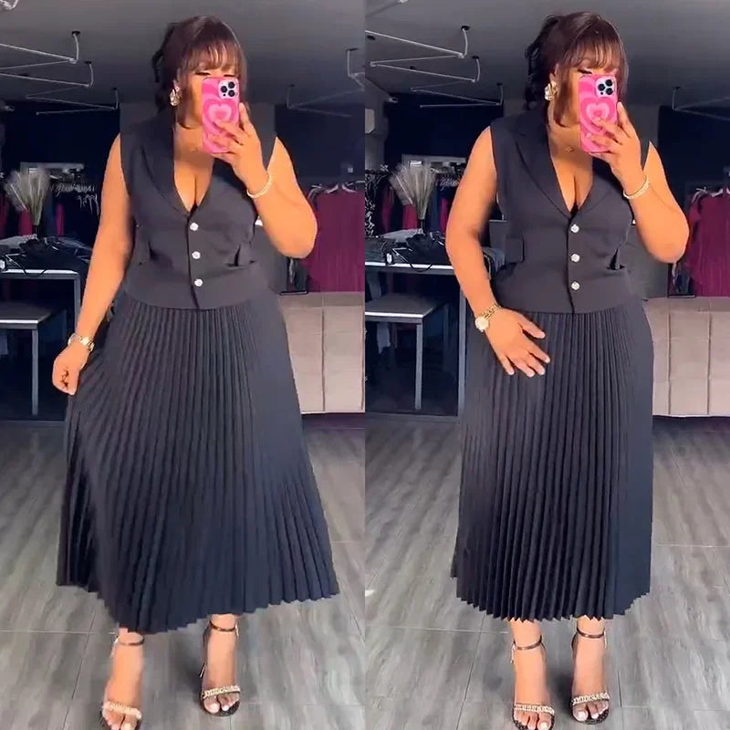 Maxy 2 Piece African Clothes for Women Summer Elegant African Sleeveless V-neck Polyester Top Pleat Skirts Dashiki African Clothes