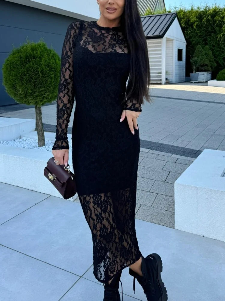 Maxy Autumn Long Sleeve O-neck Two Piece Set Elegant Clothing Spring Sexy Lace Long Dress Fashion Women Party Evening Dresses Black