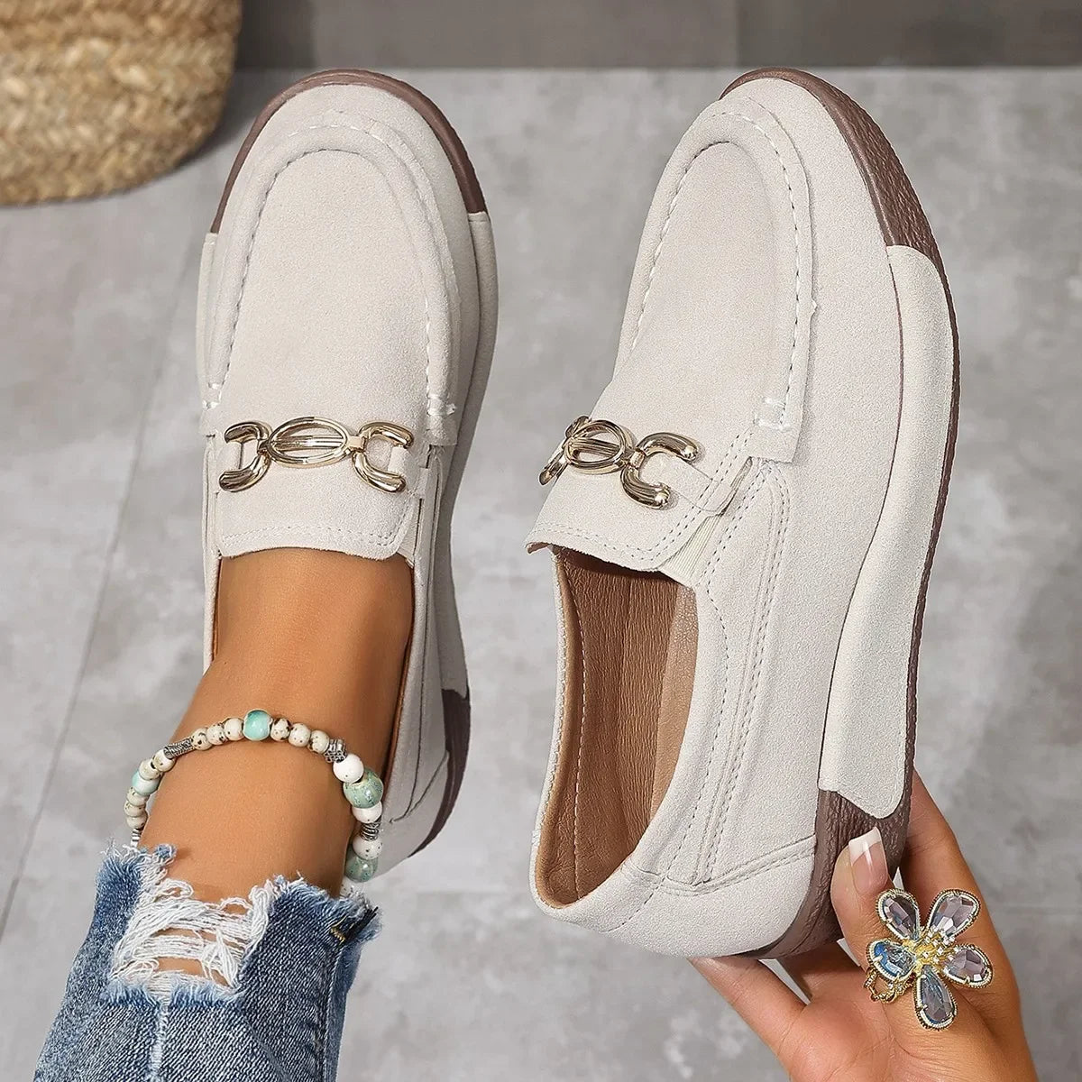 Women's Casual Shoes 2025 Spring and Autumn New Metal Decorative Round Toe Shallow Shoes Fashion Slip-on Thick Sole Loafers 43